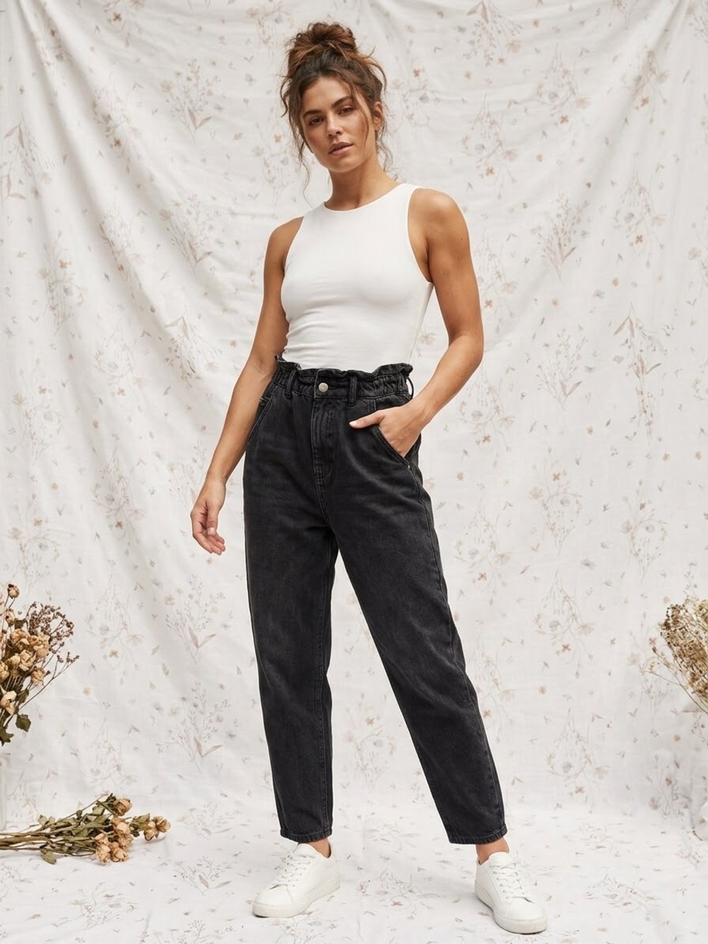 Zara High Rise Paperbag Baggy Fit Carrot Leg Jeans Wash Black Size 0